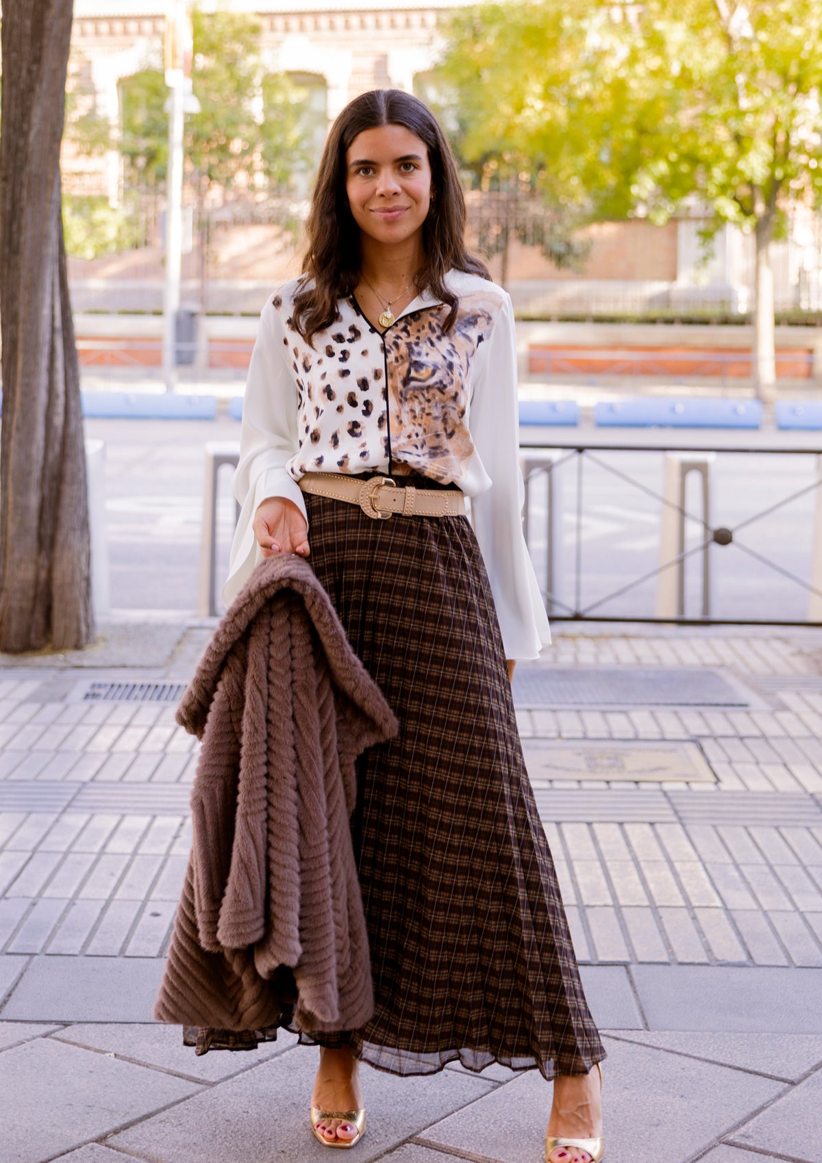 Falda larga de cuadros marrón
