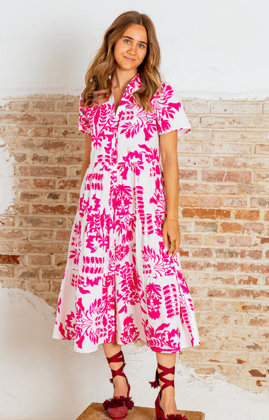 Vestido apliques estampado fucsia