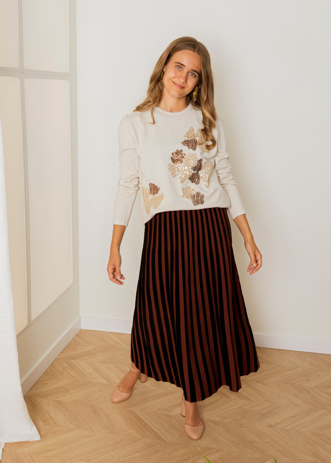 Falda rayas midi marrón y negro