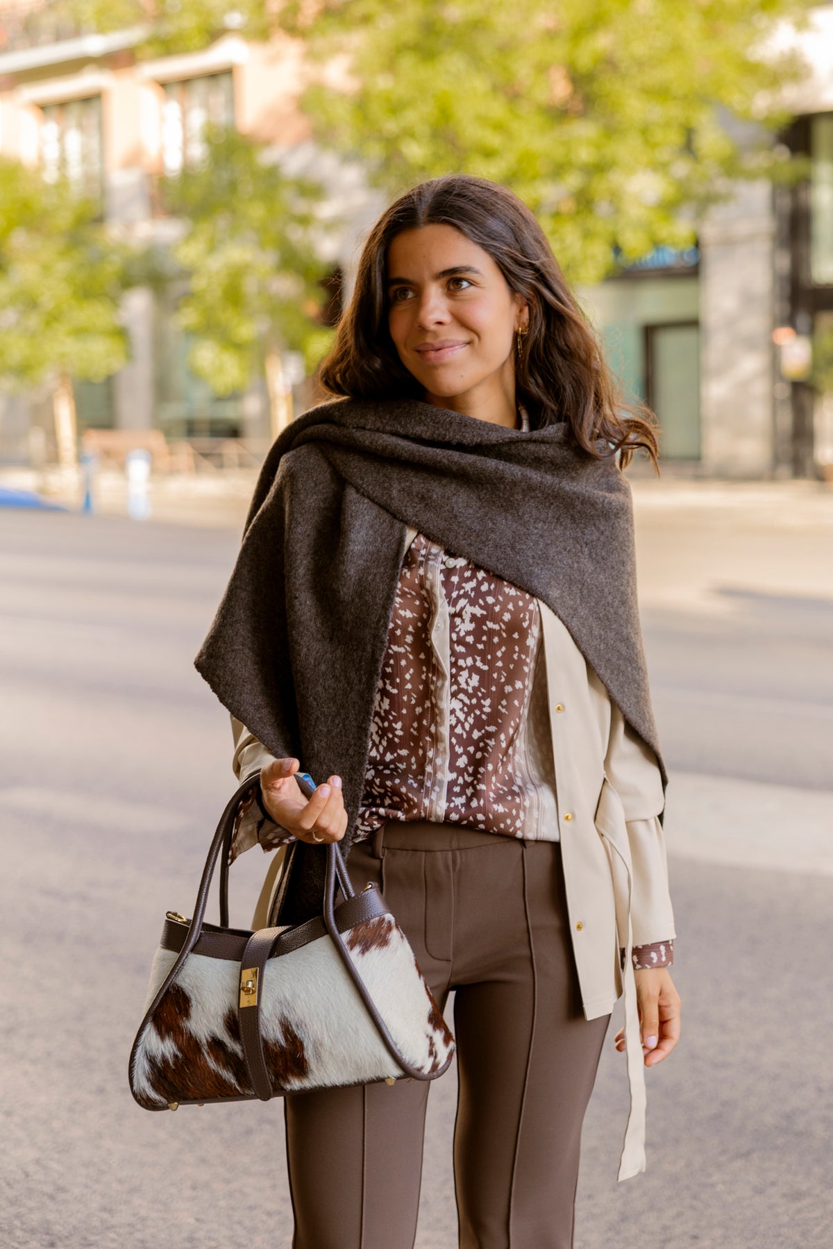 Bolso de manchas marrones y blancas, detalle del conjunto
