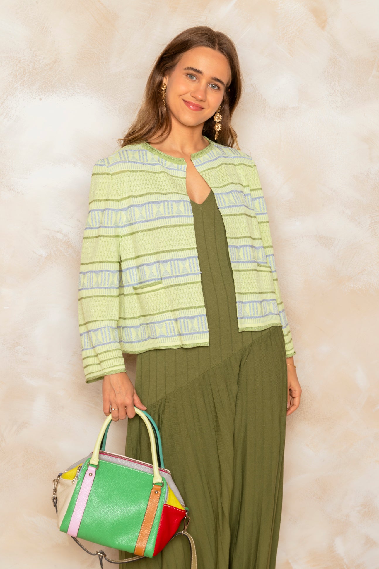 Chaqueta de punto verde lima con detalles de lurex
