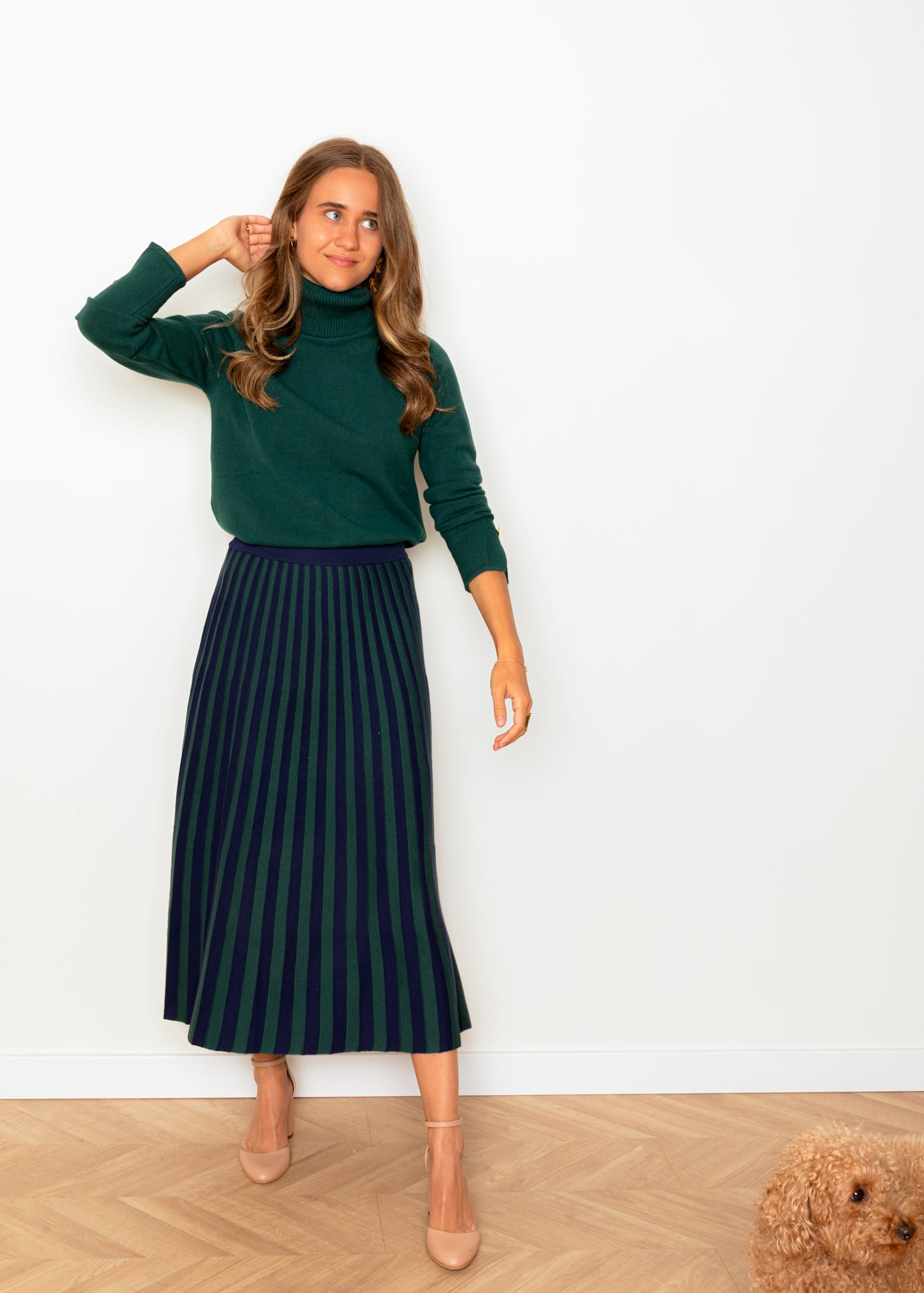 Falda midi de algodón a rayas verde y marino